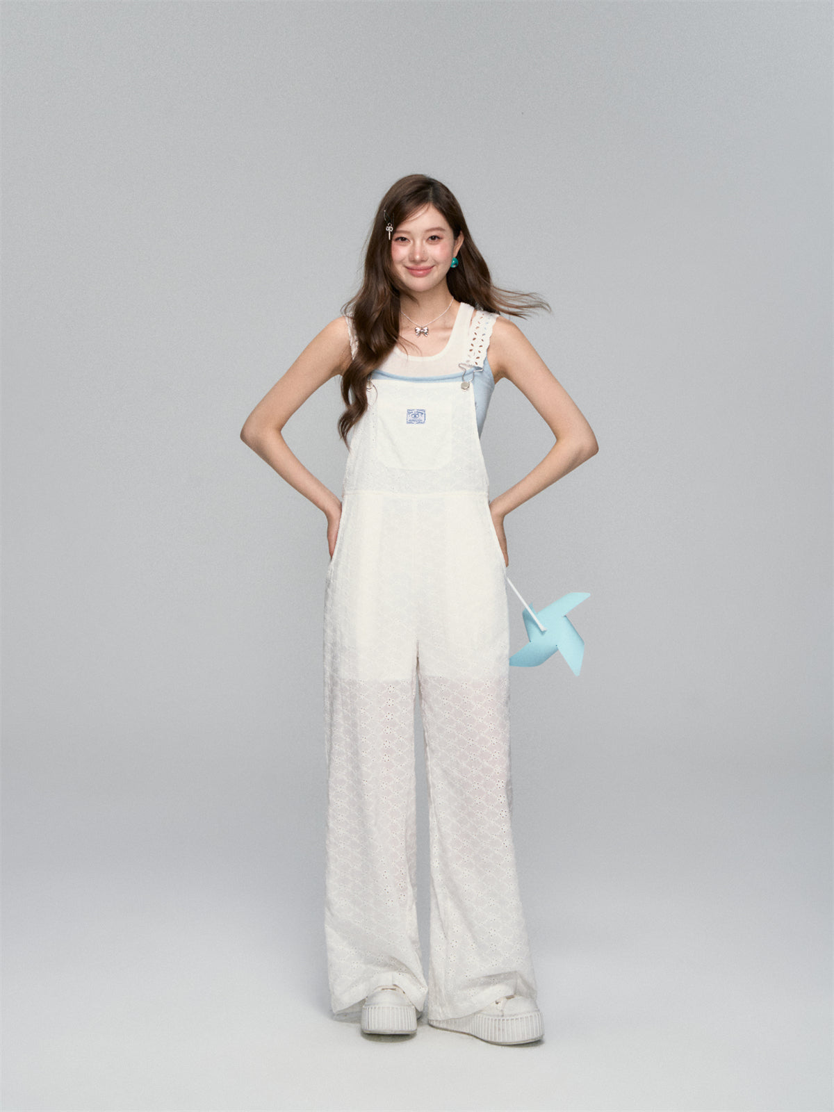 AsGony ASG25142 Flower hollow cotton loose overalls (2color)
