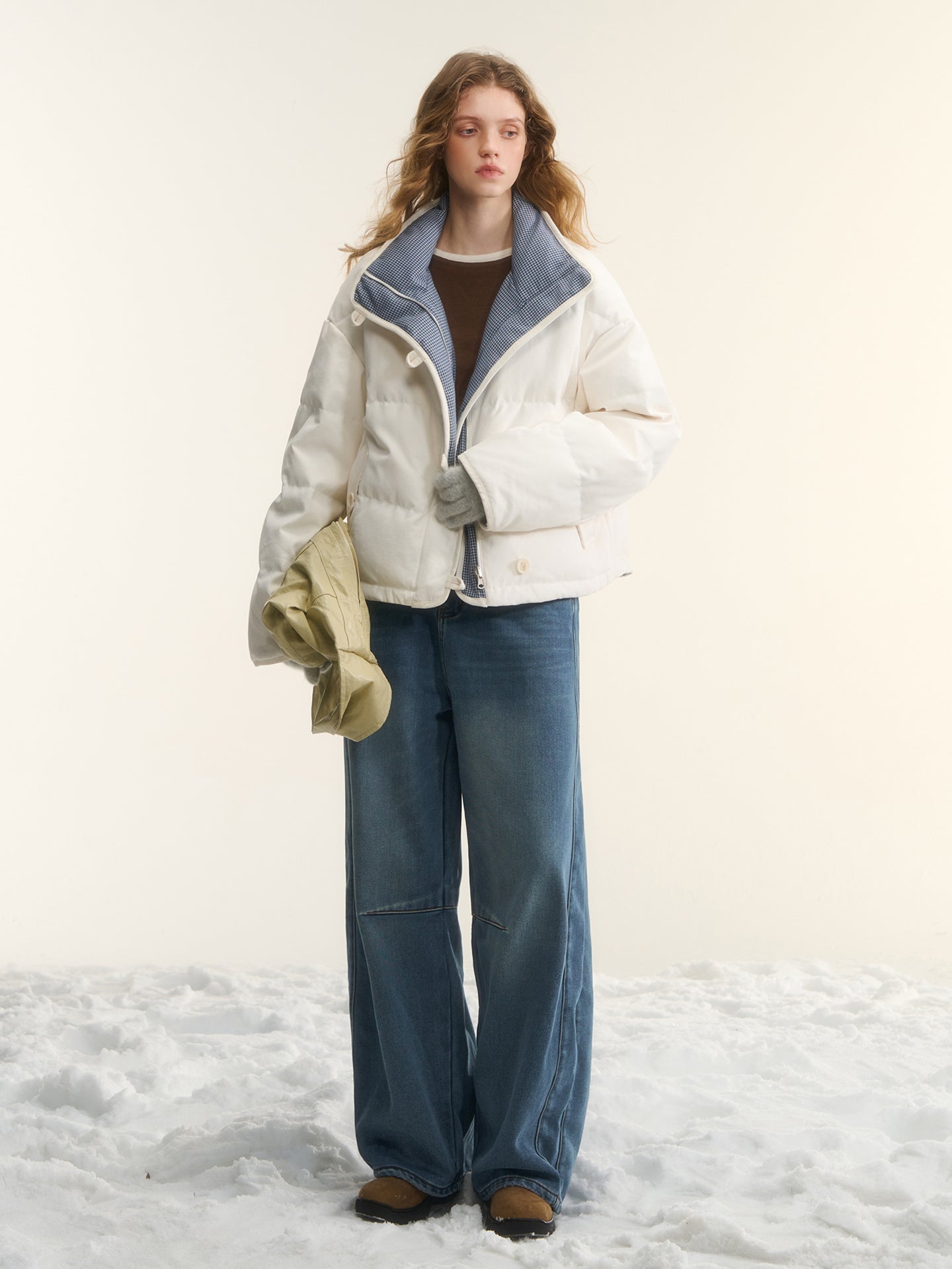 AsGony ASG25570 Plush versatile curved knife washed denim jeans