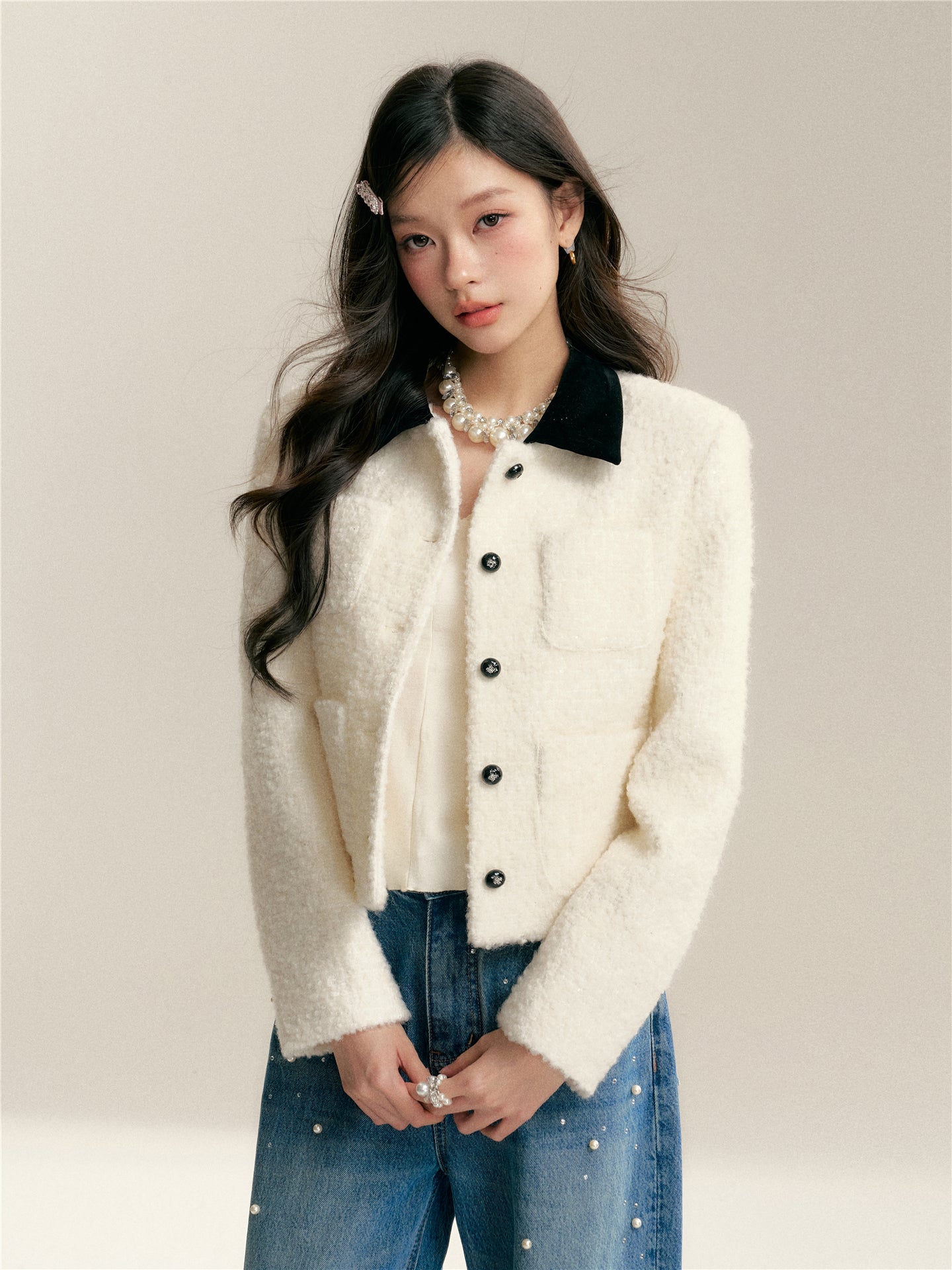 16DEWS 16D26004 Color blocking lapel texture short jacket