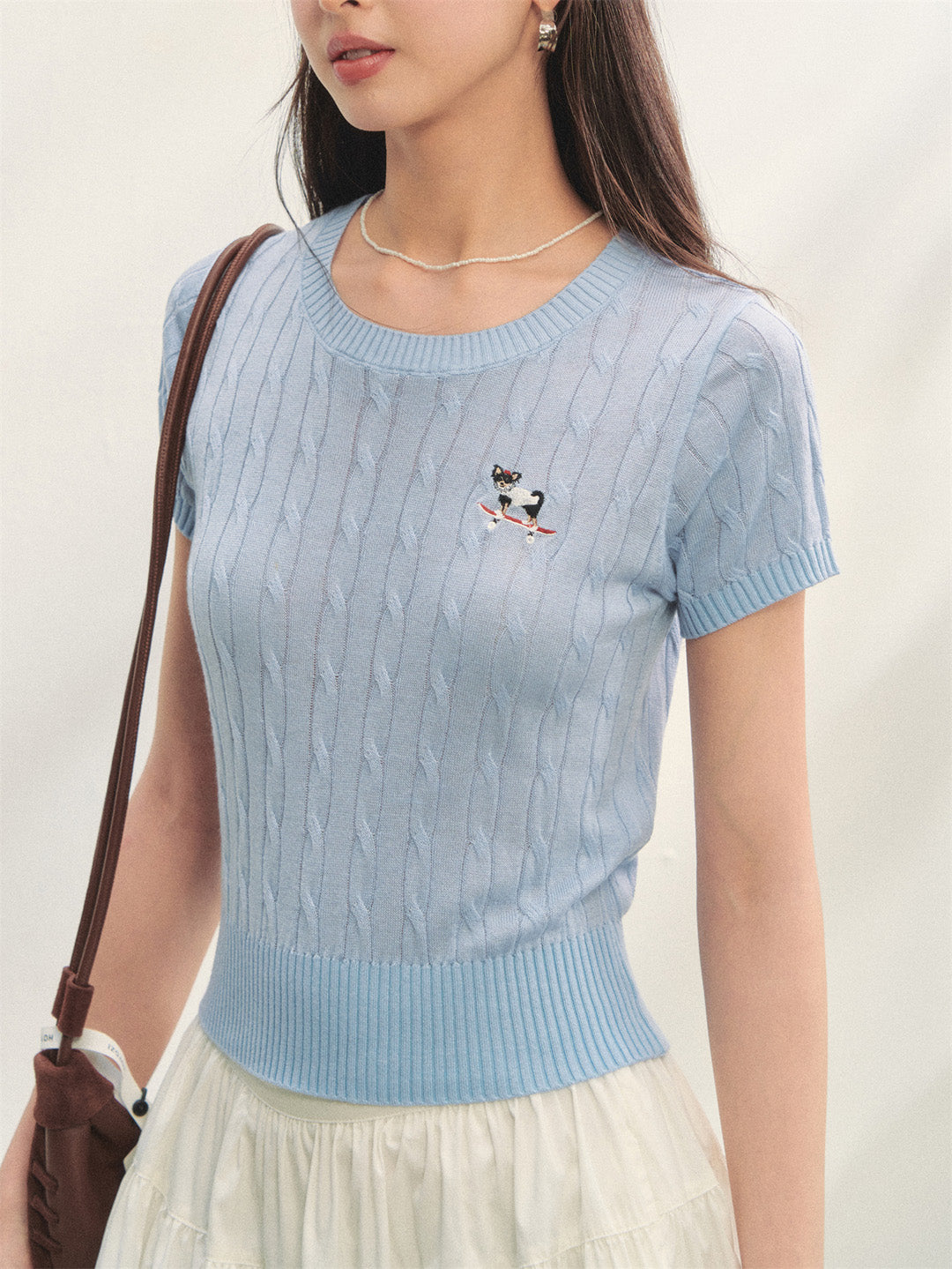 AsGony ASG25296 Skateboarding Dog Embroidery Knitted Short Sleeve Top
