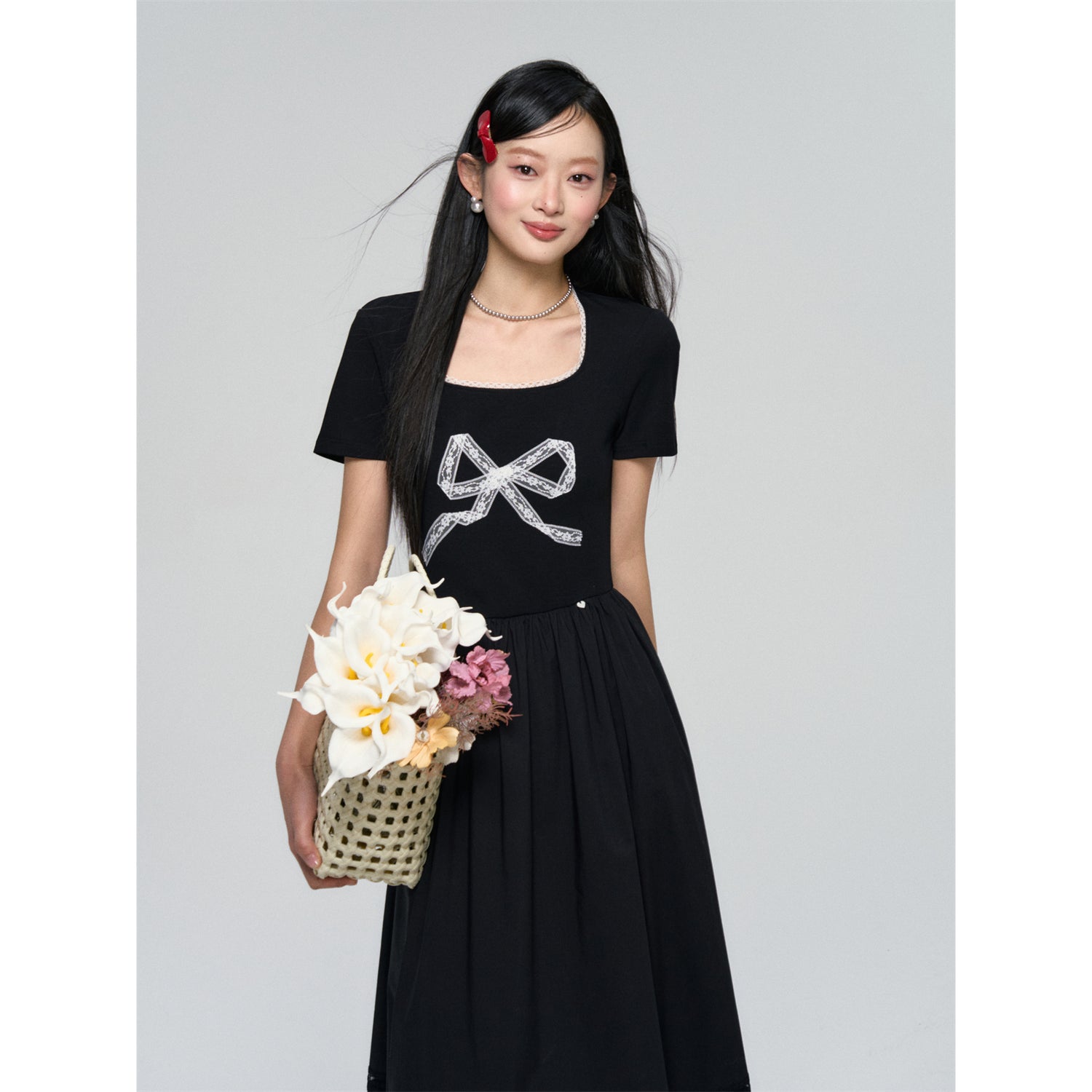 AsGony ASG25055U Splicing lace bow dress