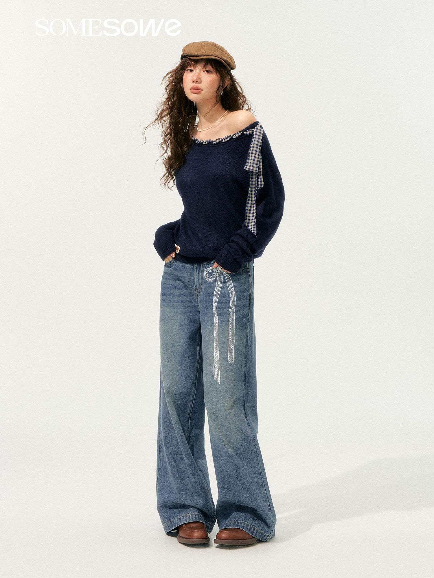 SOMESOWE in stock S2508181 Lace printed wide leg denim pants