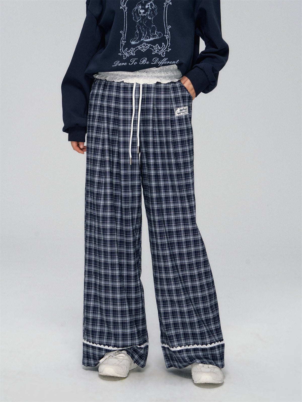 AsGony ASG24746Lace plaid wide leg pants