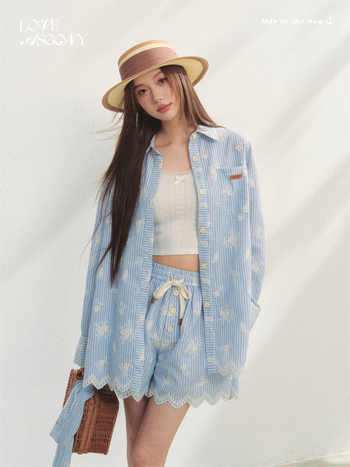 AsGony ASG25191&ASG25192&ASG25251 Lace embroidered wavy hem long sleeved shirt+shorts+headscarf set