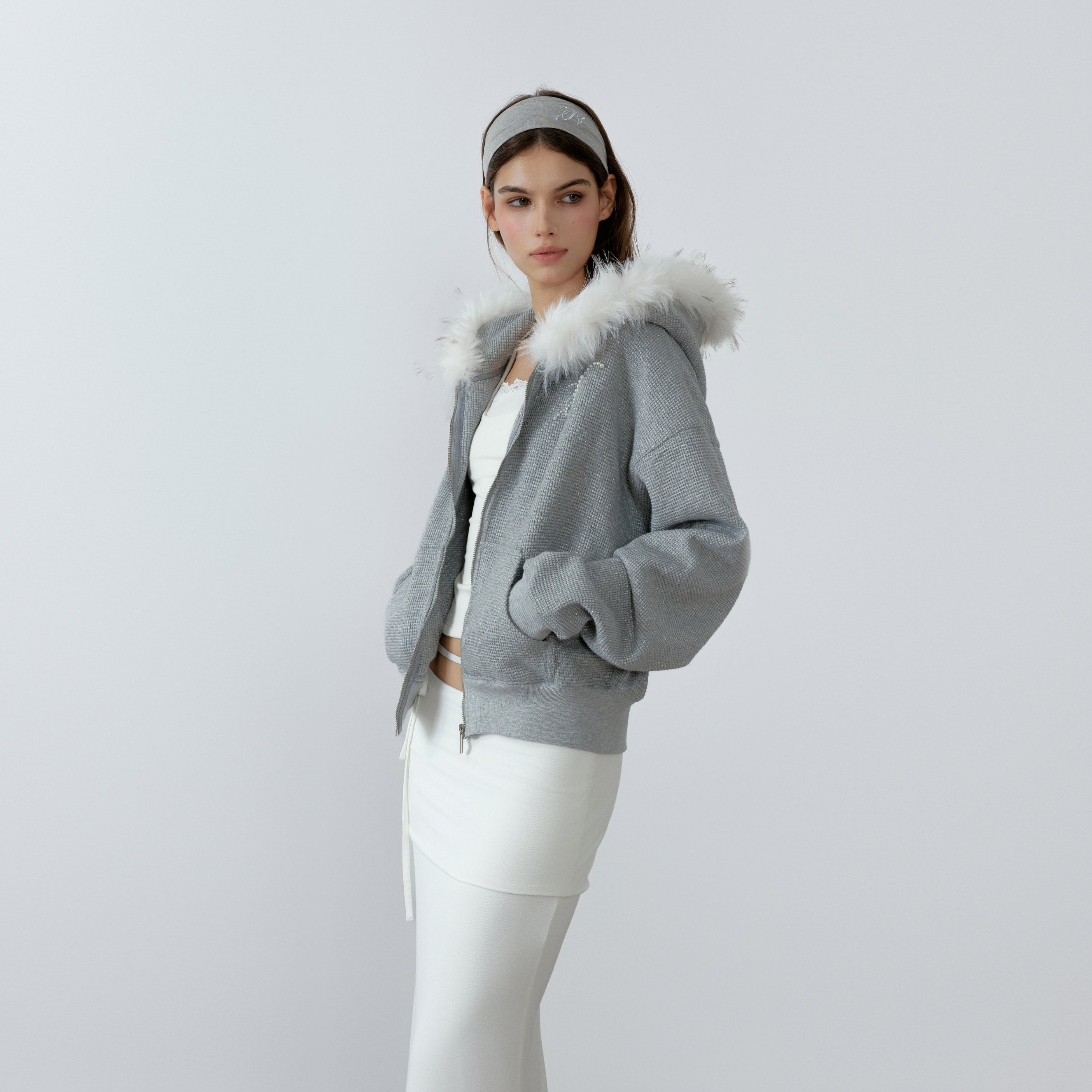 NONCESTNON N227 White fur collar gray hoodie