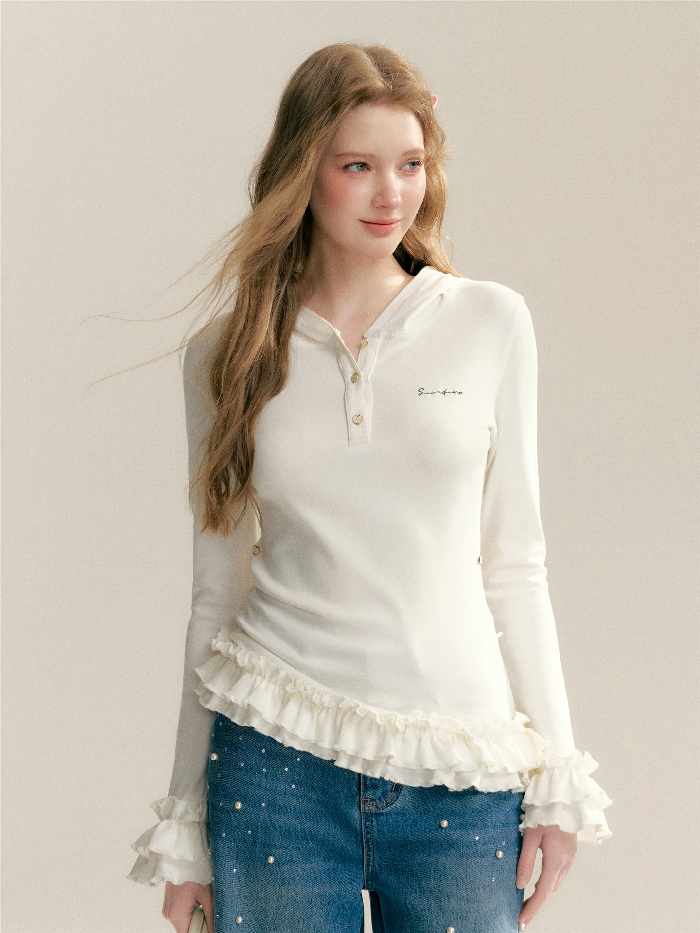 16DEWS 16D26006 Slim fit hooded pleated patchwork top