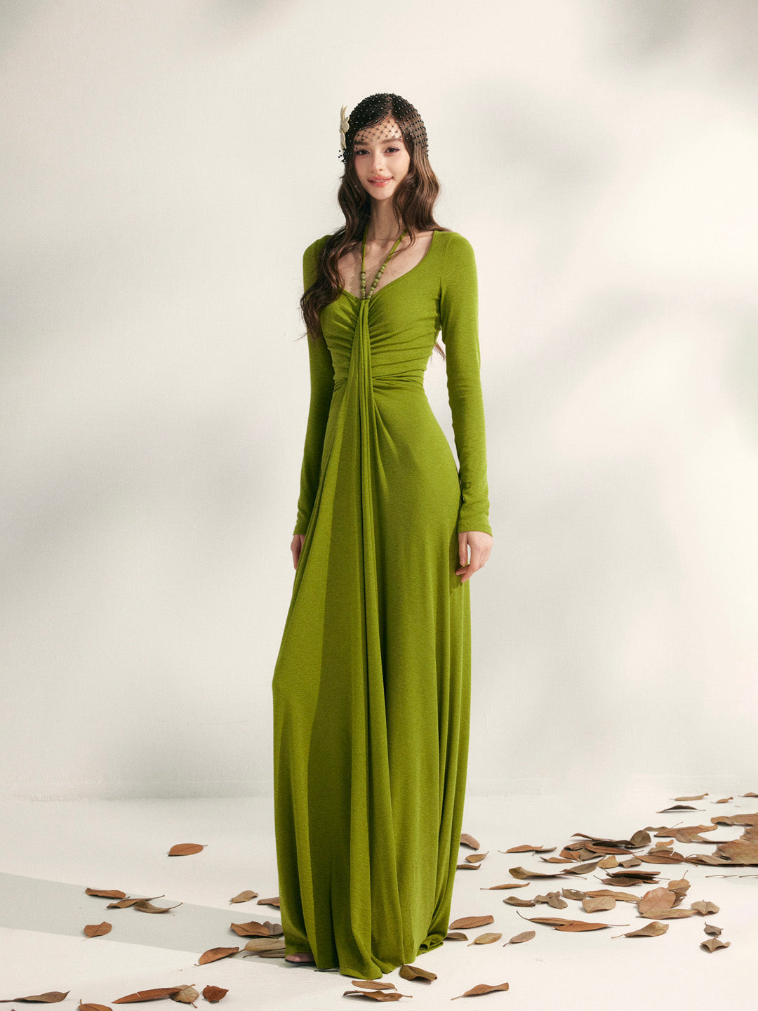 YZZI HE French style pleated waist cinching dress