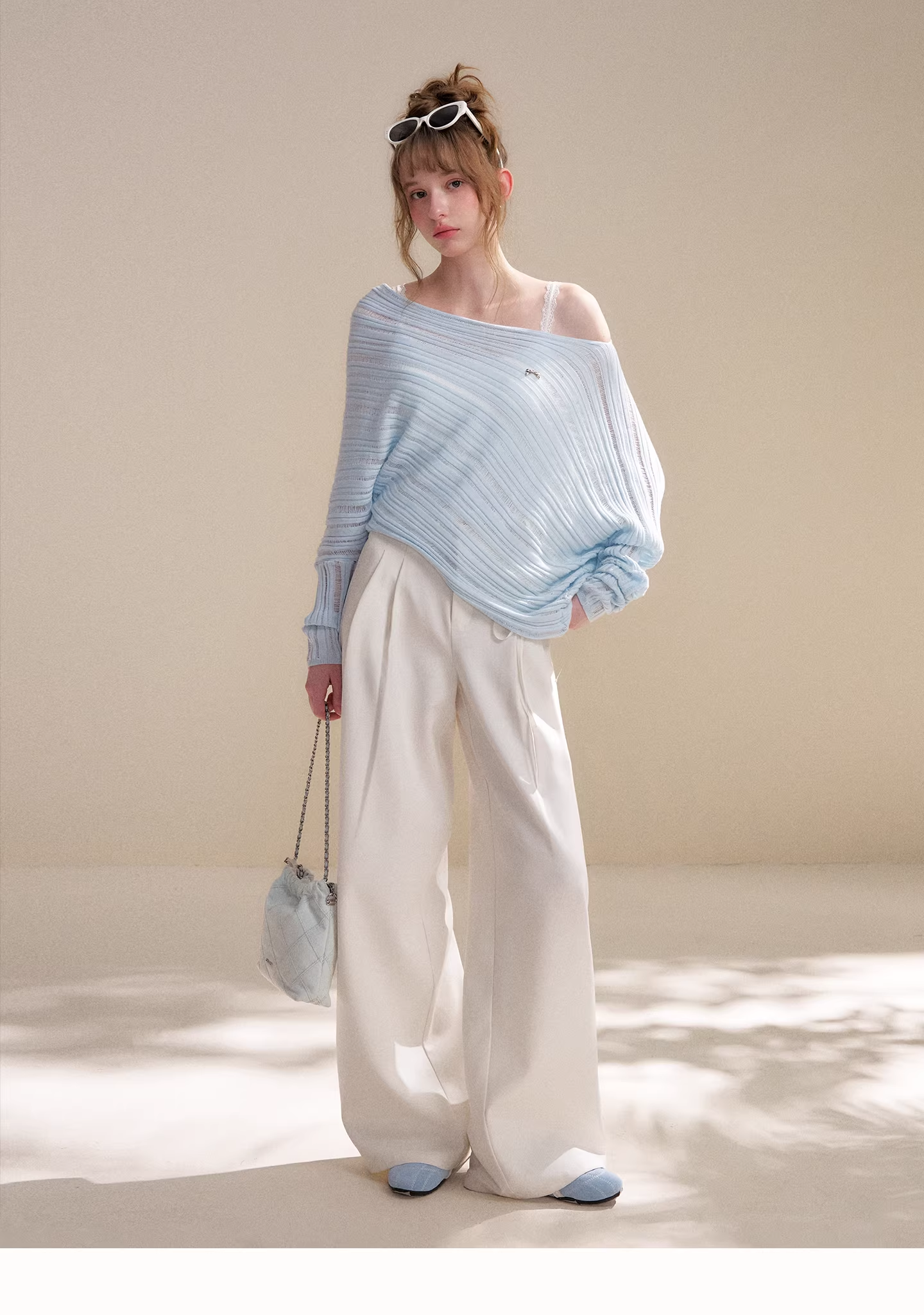 Kroche KP9080 Cutout Batwing Sleeve Knit Top &Pearl Pants