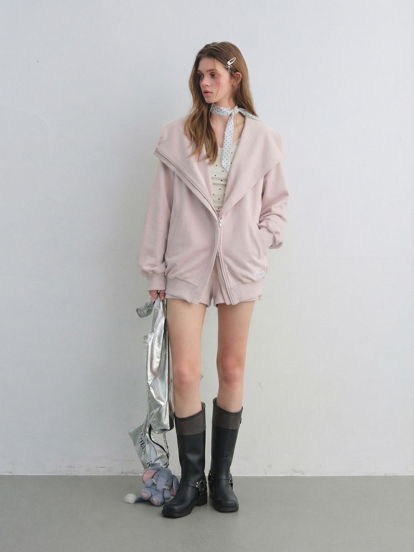 AsGony ASG25665&ASG25667 Big collar hooded zipper sweatshirt jacket + sweatpants set