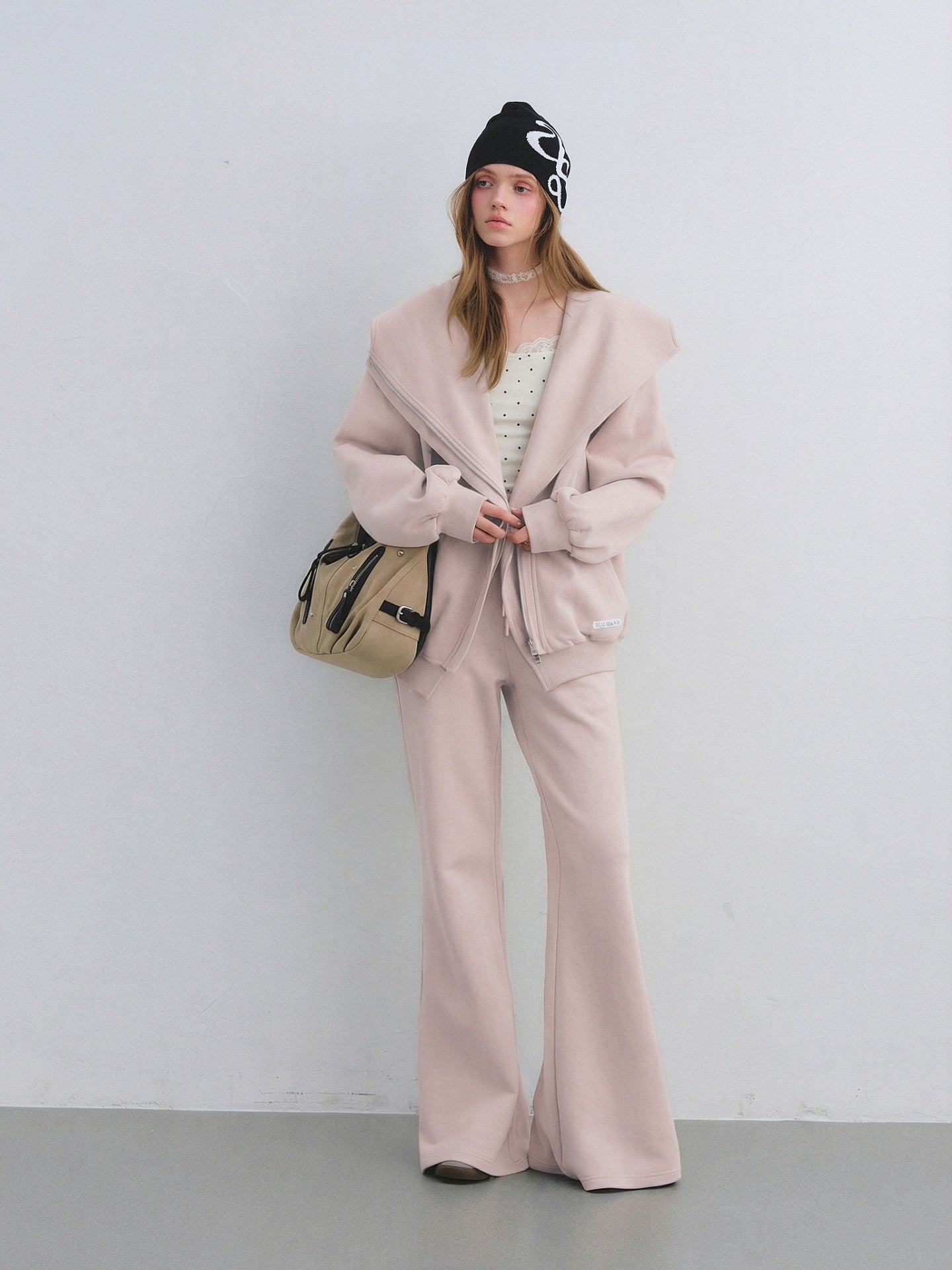 AsGony ASG25665&ASG25667 Big collar hooded zipper sweatshirt jacket + sweatpants set