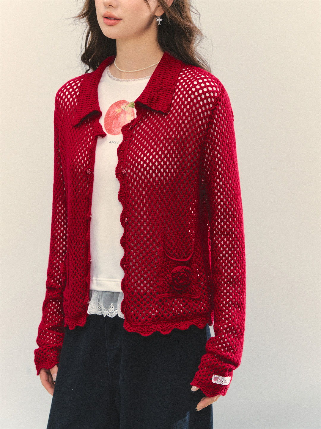 AsGony ASG25322 Hollow flower crochet cardigan