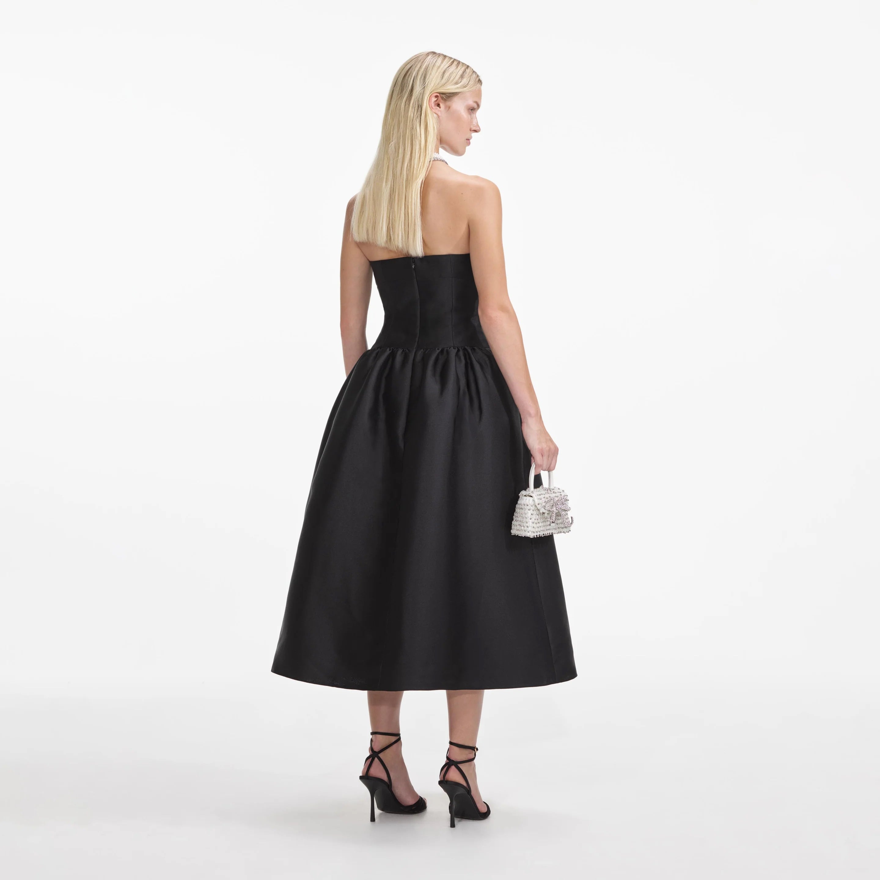 Self-Portrait BLACK TAFFETA CONTRAST BOW MIDI DRESS
