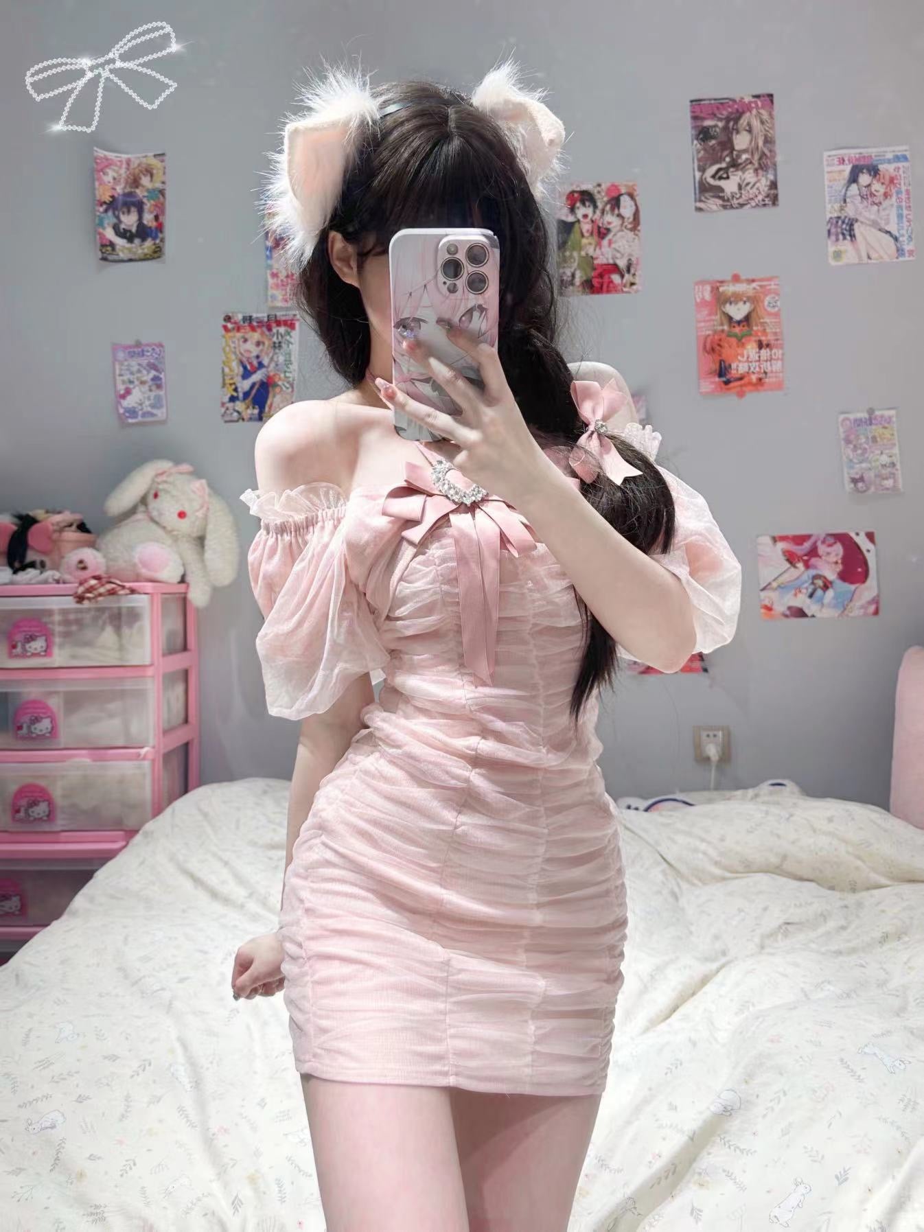 First Date SALE Pink bow puffy sleeve dress-IN STOCK