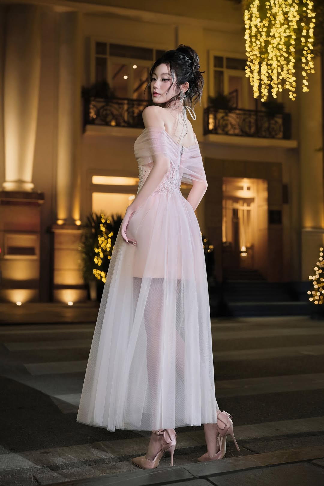 Lovelyn Pink tulle off-shoulder dress