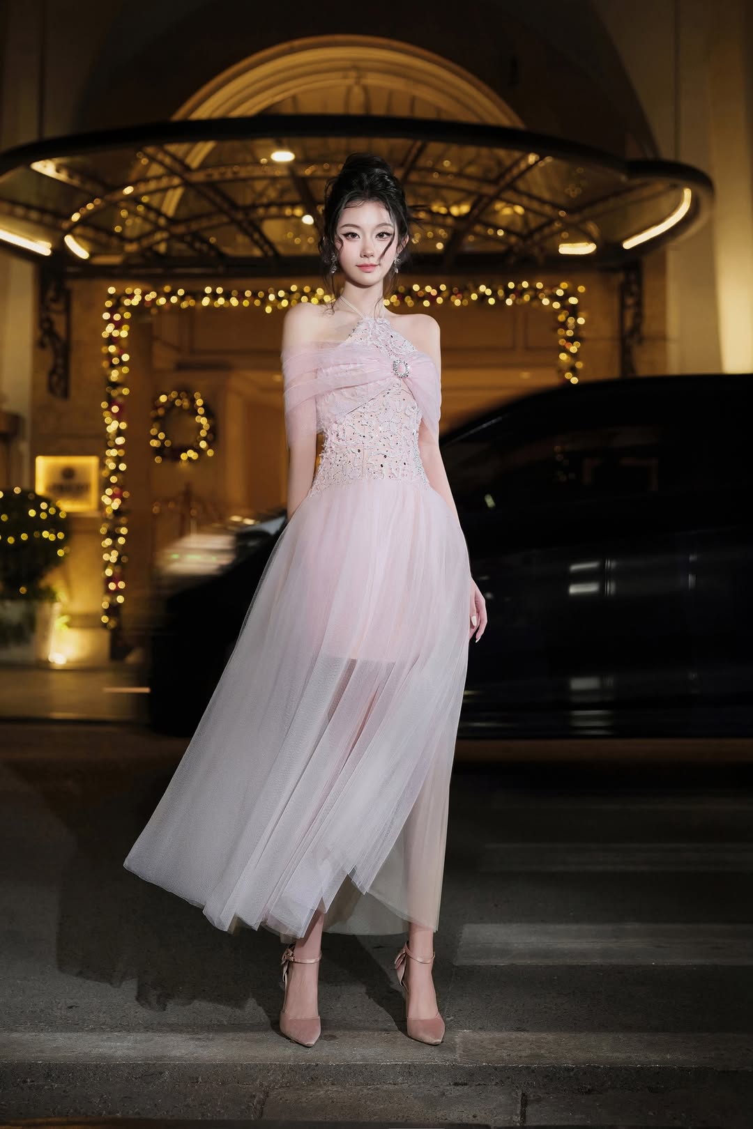 Lovelyn Pink tulle off-shoulder dress
