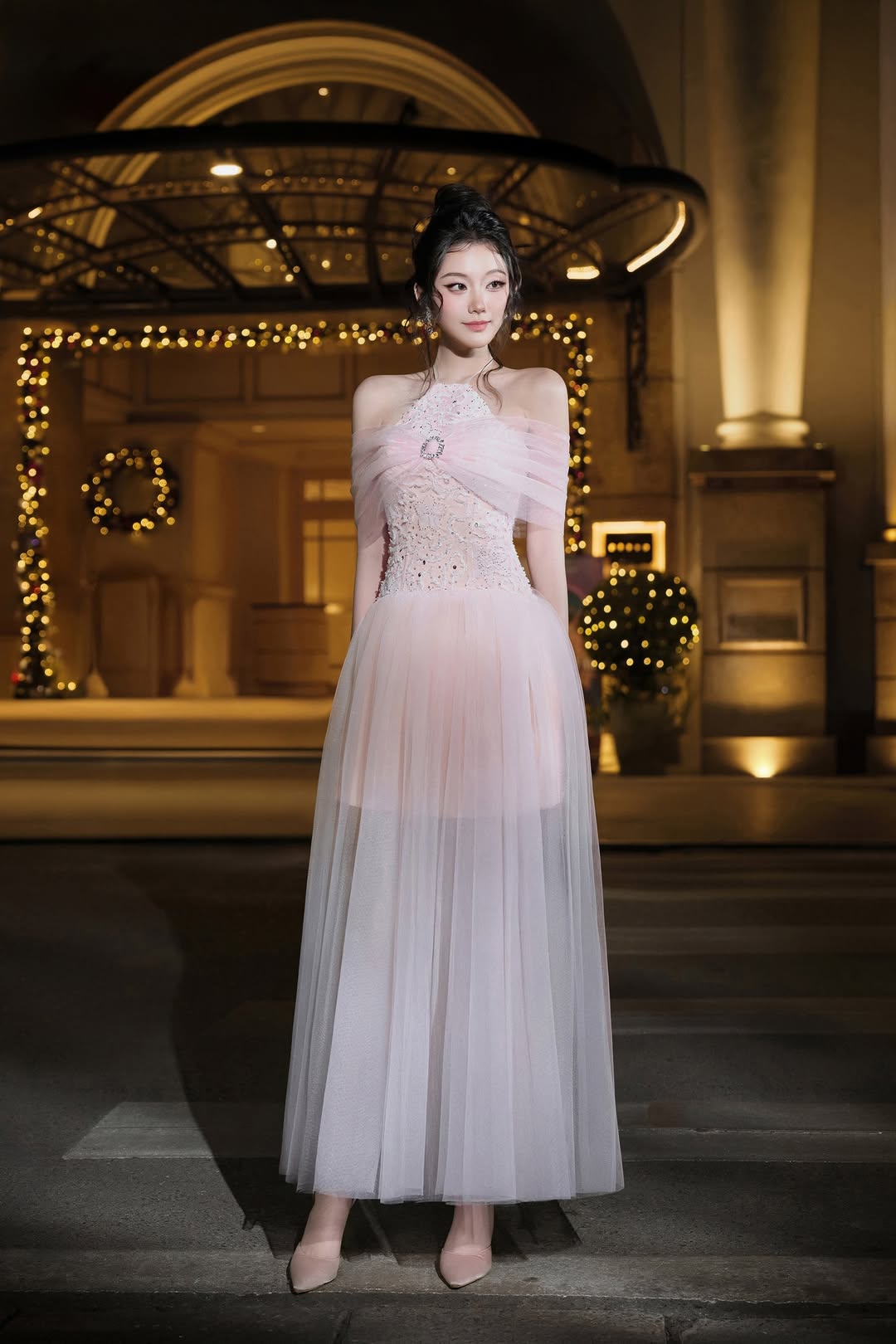 Lovelyn Pink tulle off-shoulder dress