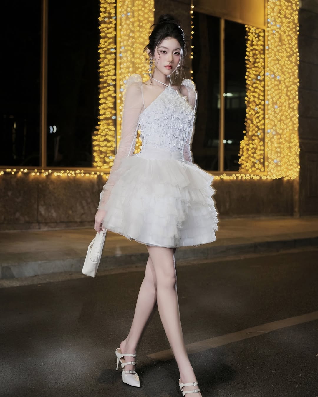 Lovelyn Halter shining fringe puffy dress