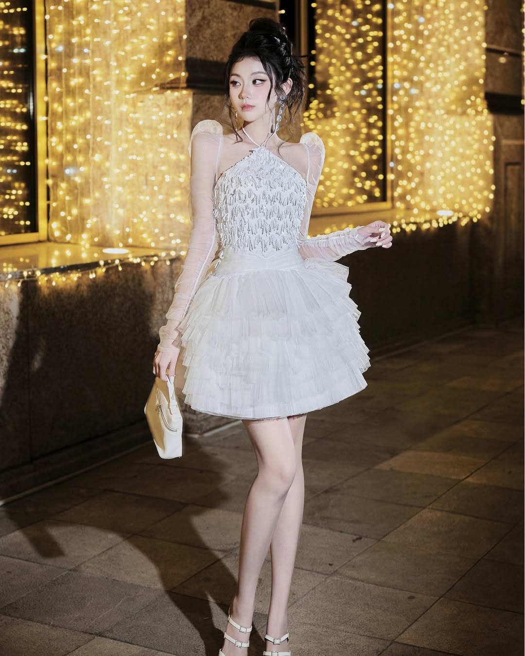 Lovelyn Halter shining fringe puffy dress