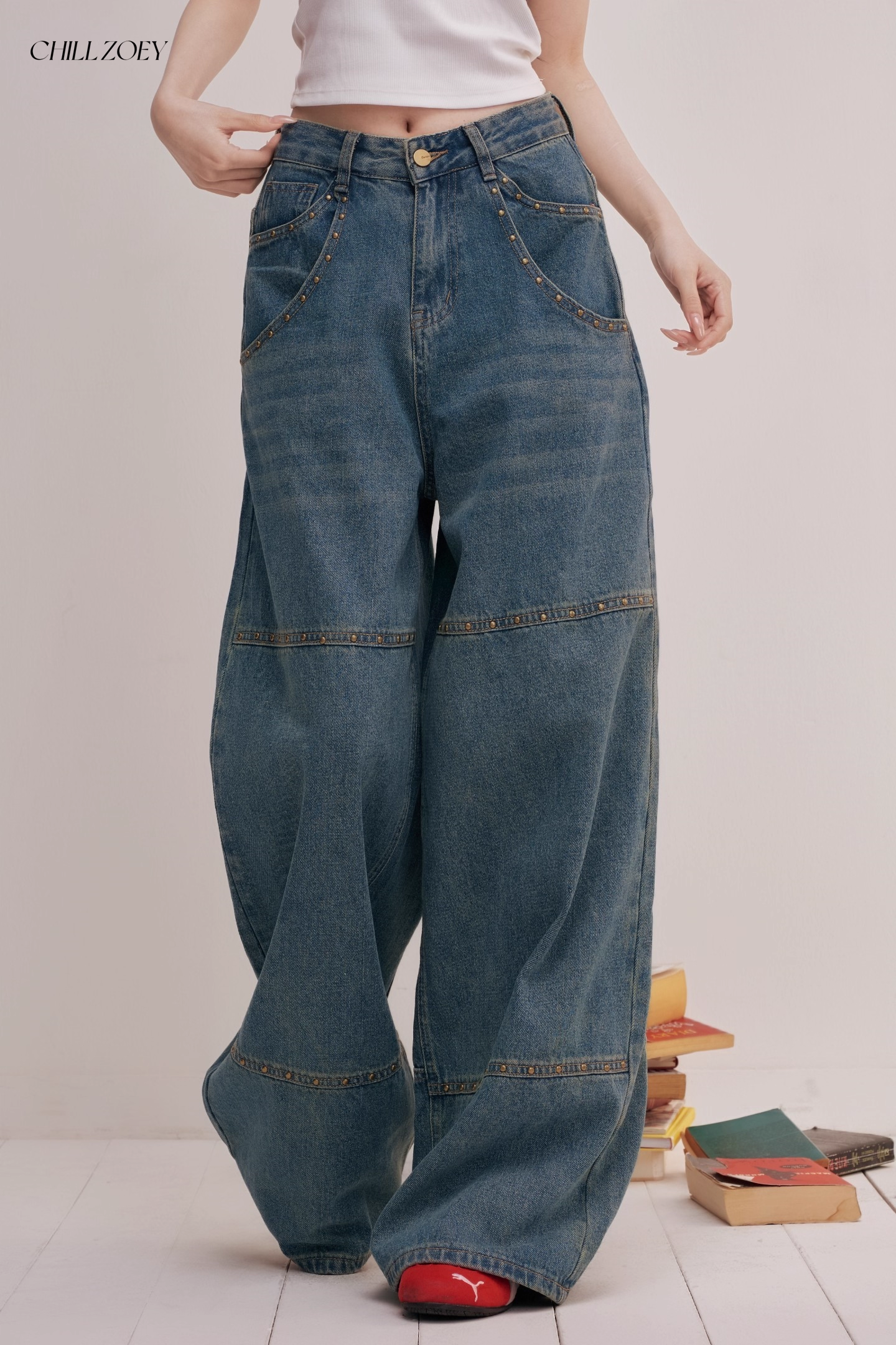Chill Zoey M690293 Studded Oversized Wide-Leg Jeans