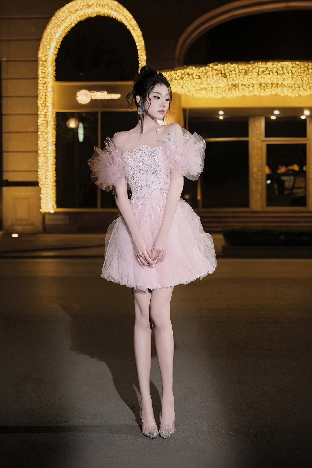Lovelyn Peach pink tulle puffy sleeves dress