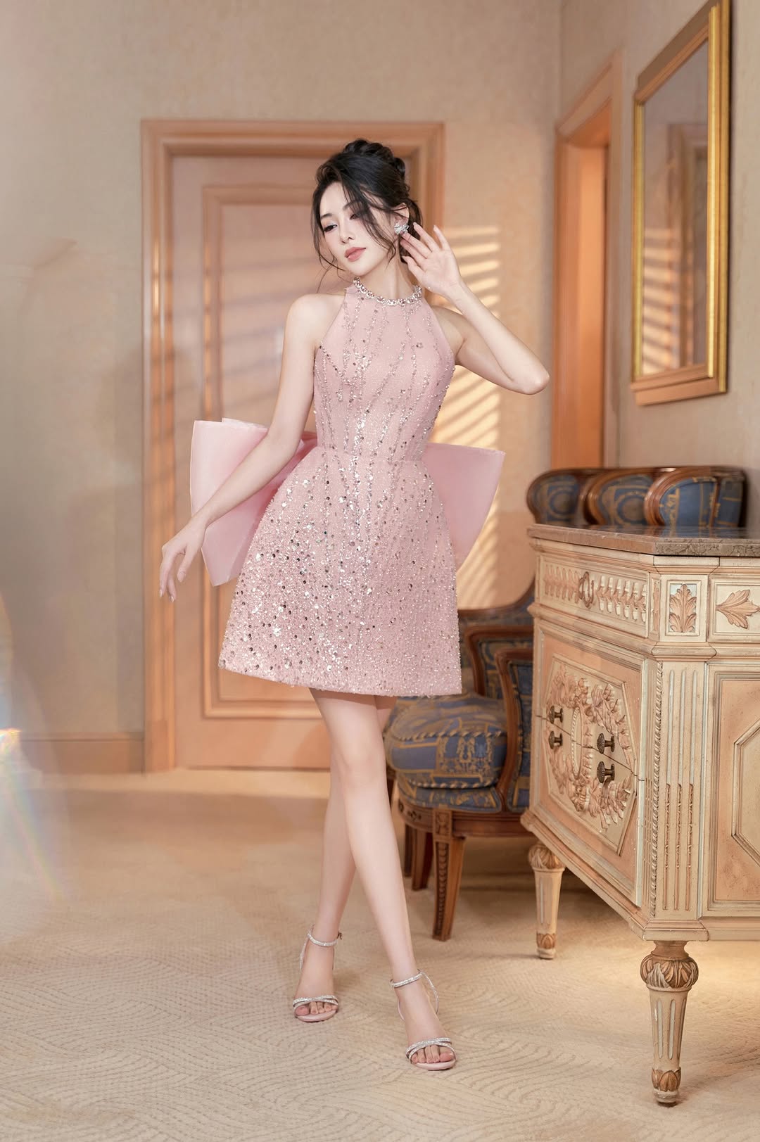 Lovelyn Pink fringe shining bow dress