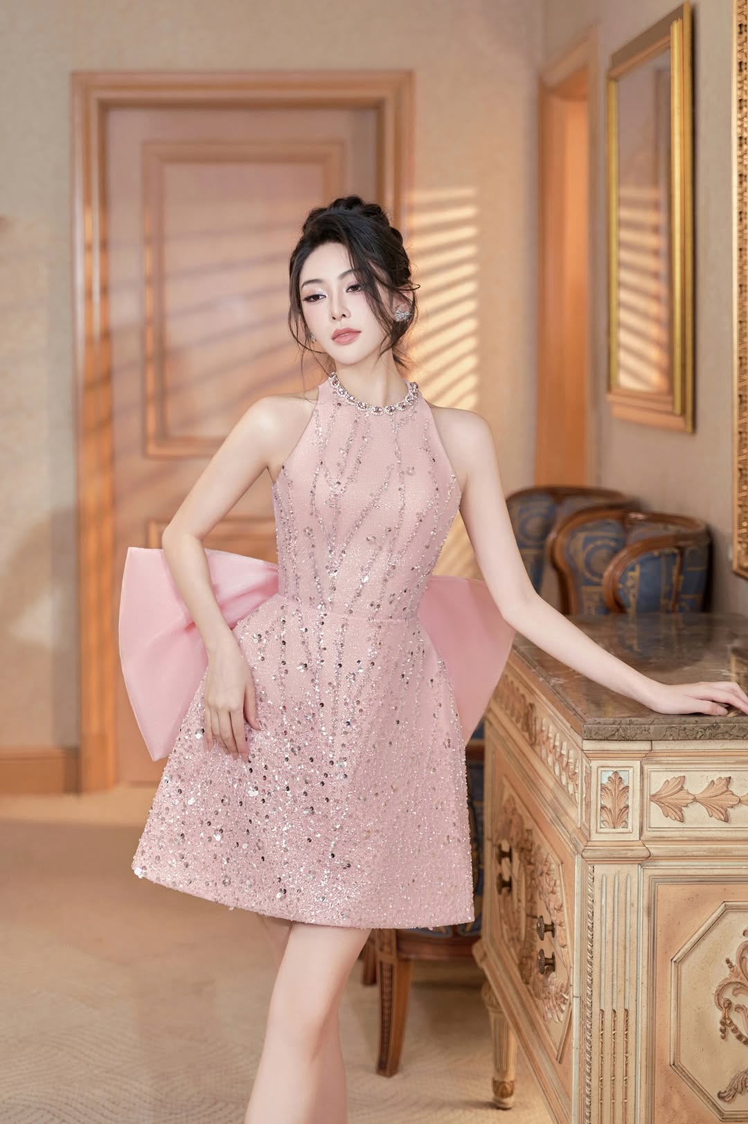 Lovelyn Pink fringe shining bow dress