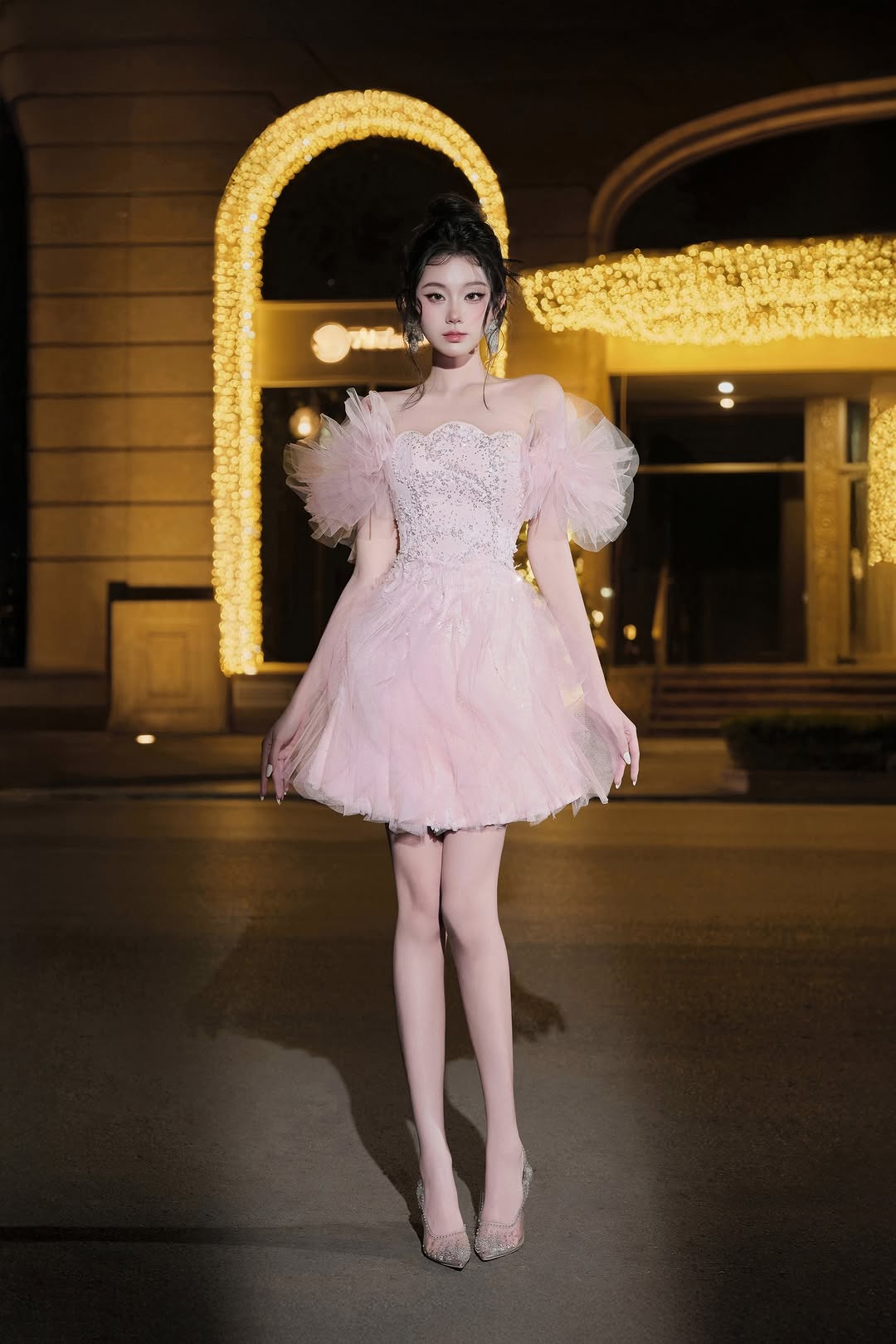 Lovelyn Peach pink tulle puffy sleeves dress