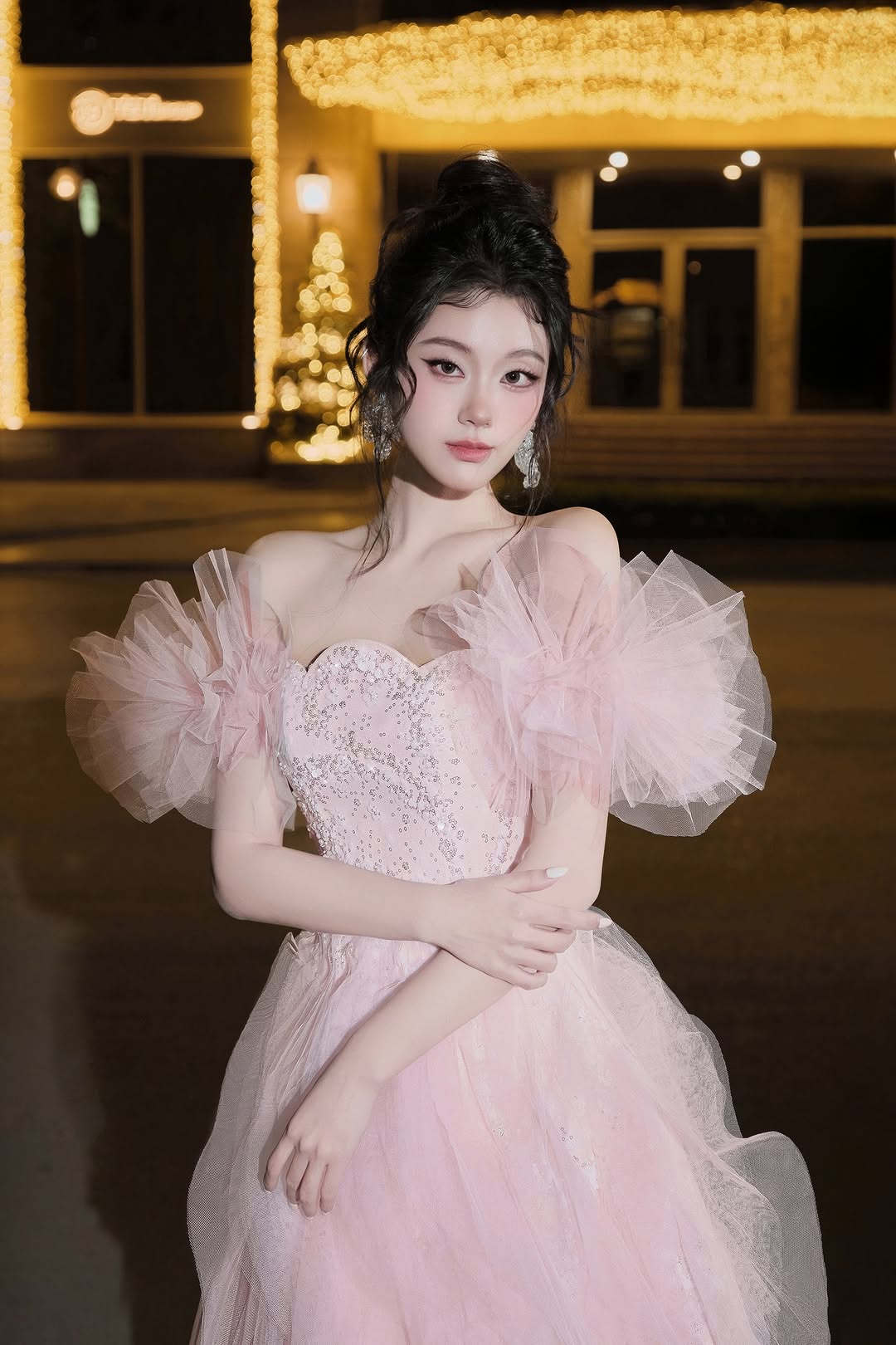 Lovelyn Peach pink tulle puffy sleeves dress