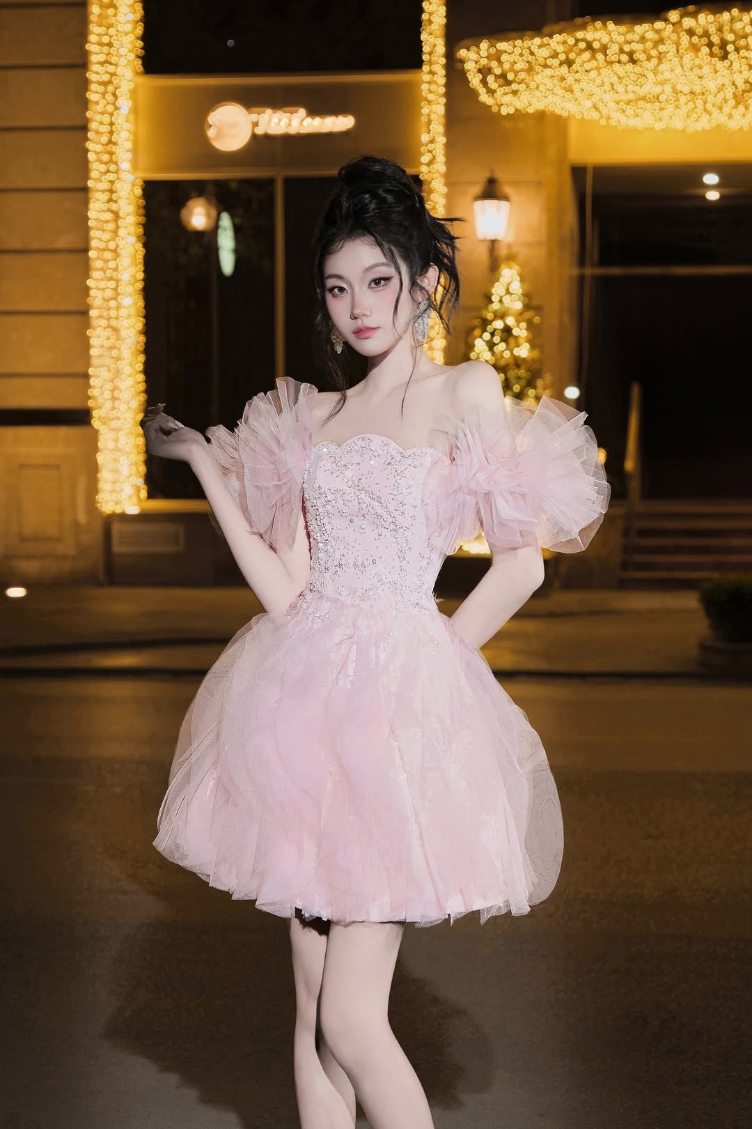 Lovelyn Peach pink tulle puffy sleeves dress