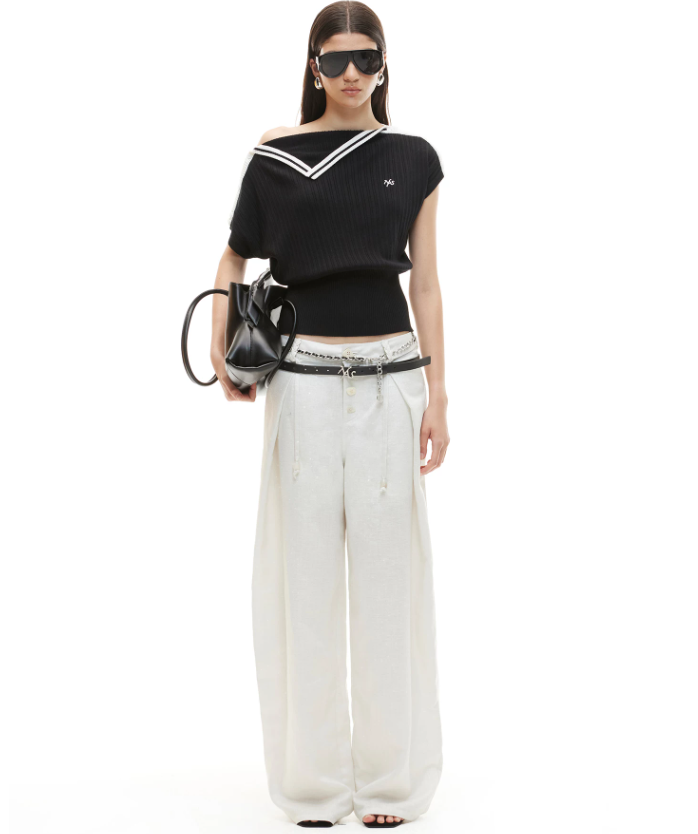 NAWS NAW-T074026 Contrast-Trim Asymmetric Off-Shoulder Striped Top