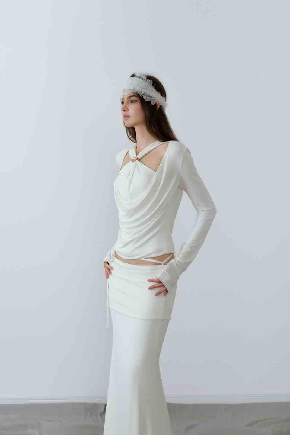 NONCESTNON N233 White fake two-piece knot long sleeved top