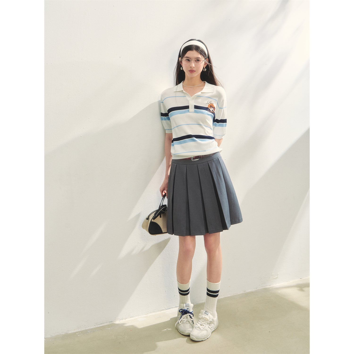 AsGony ASG25270 Puppy embroidery striped polo shirt