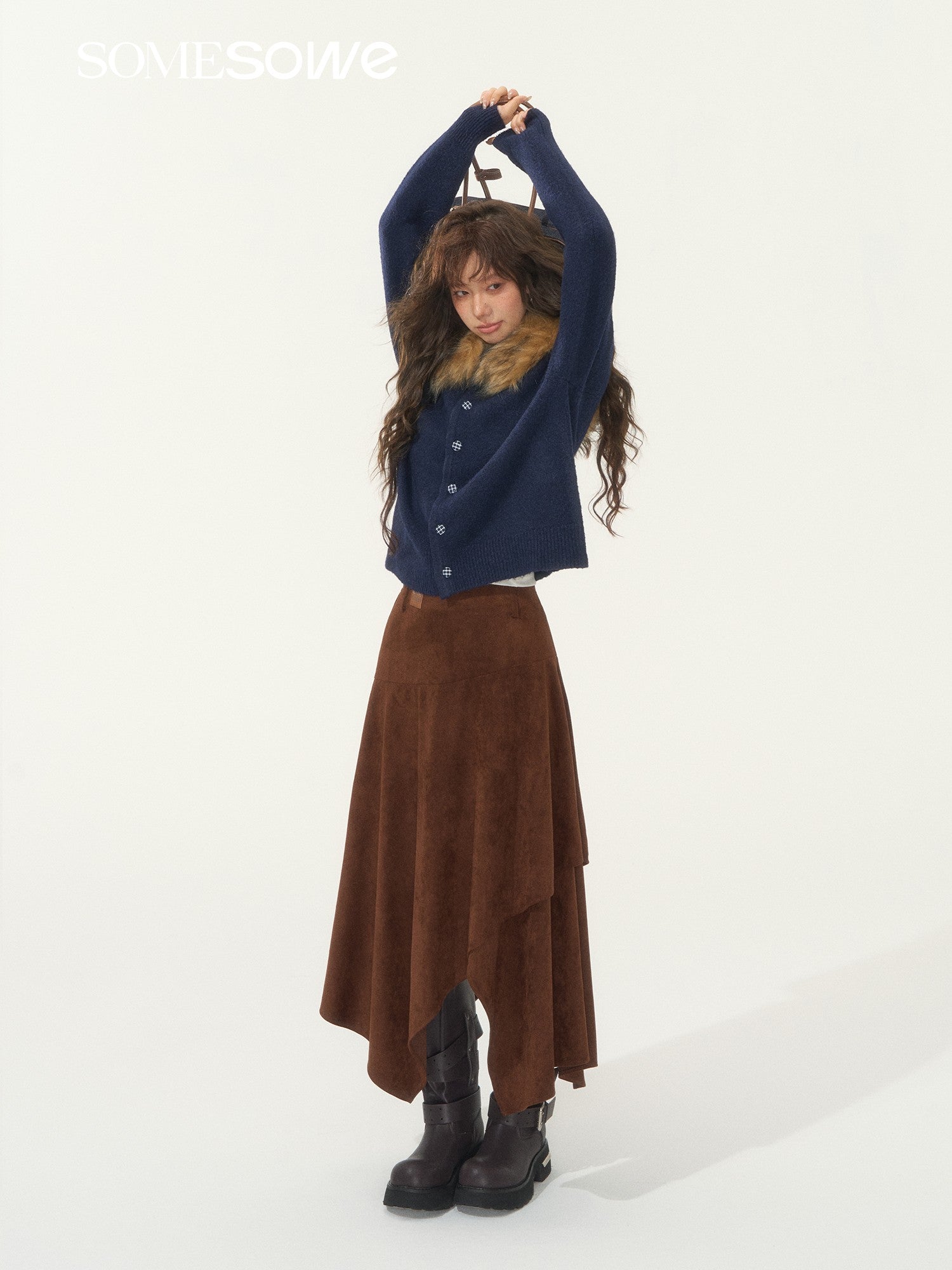 SOMESOWE S2508279 Detachable wool collar cowhide hooded cardigan