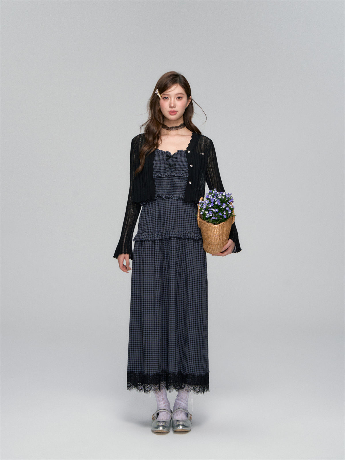 AsGony ASG25107 Plaid patchwork lace slit camisole dress