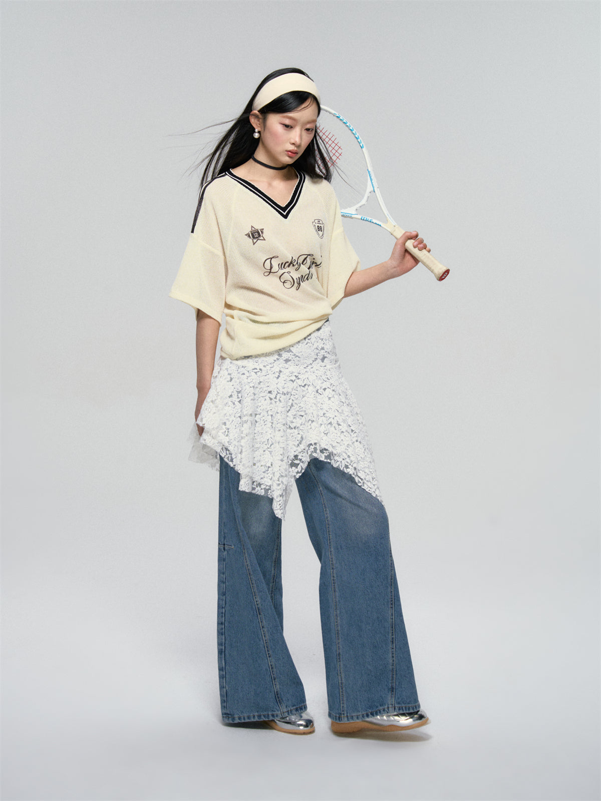 AsGony ASG25094 White irregular lace skirt