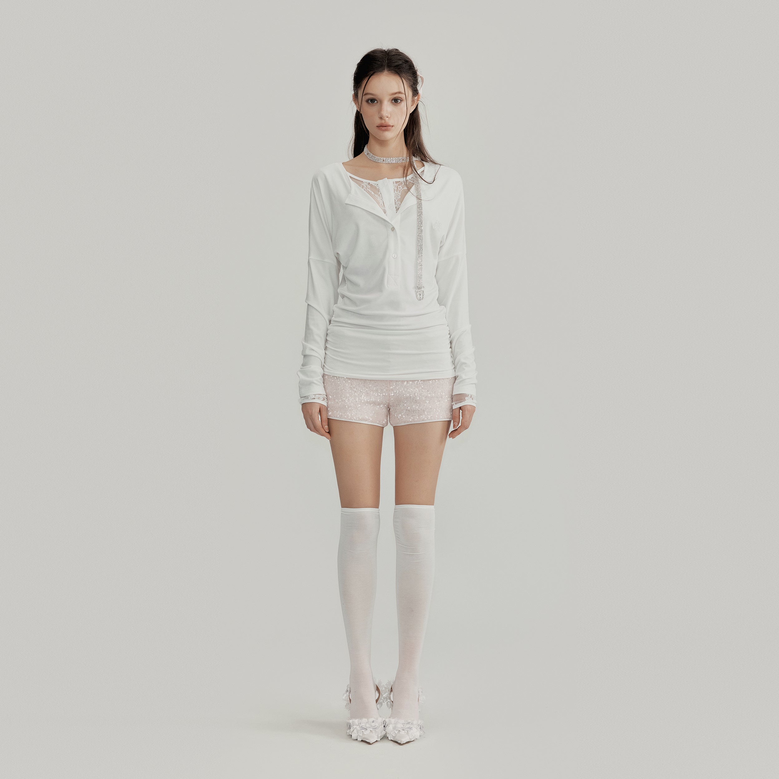 NOMEANSNO N109 Lace fake two piece long sleeved shirt