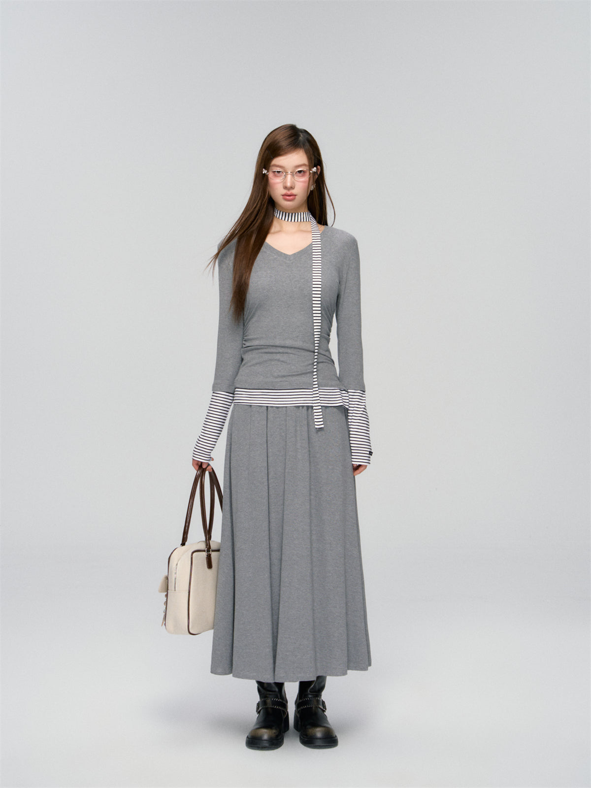 AsGony ASG25008&ASG25009 Slim fit V-neck ribbon base top + skirt set