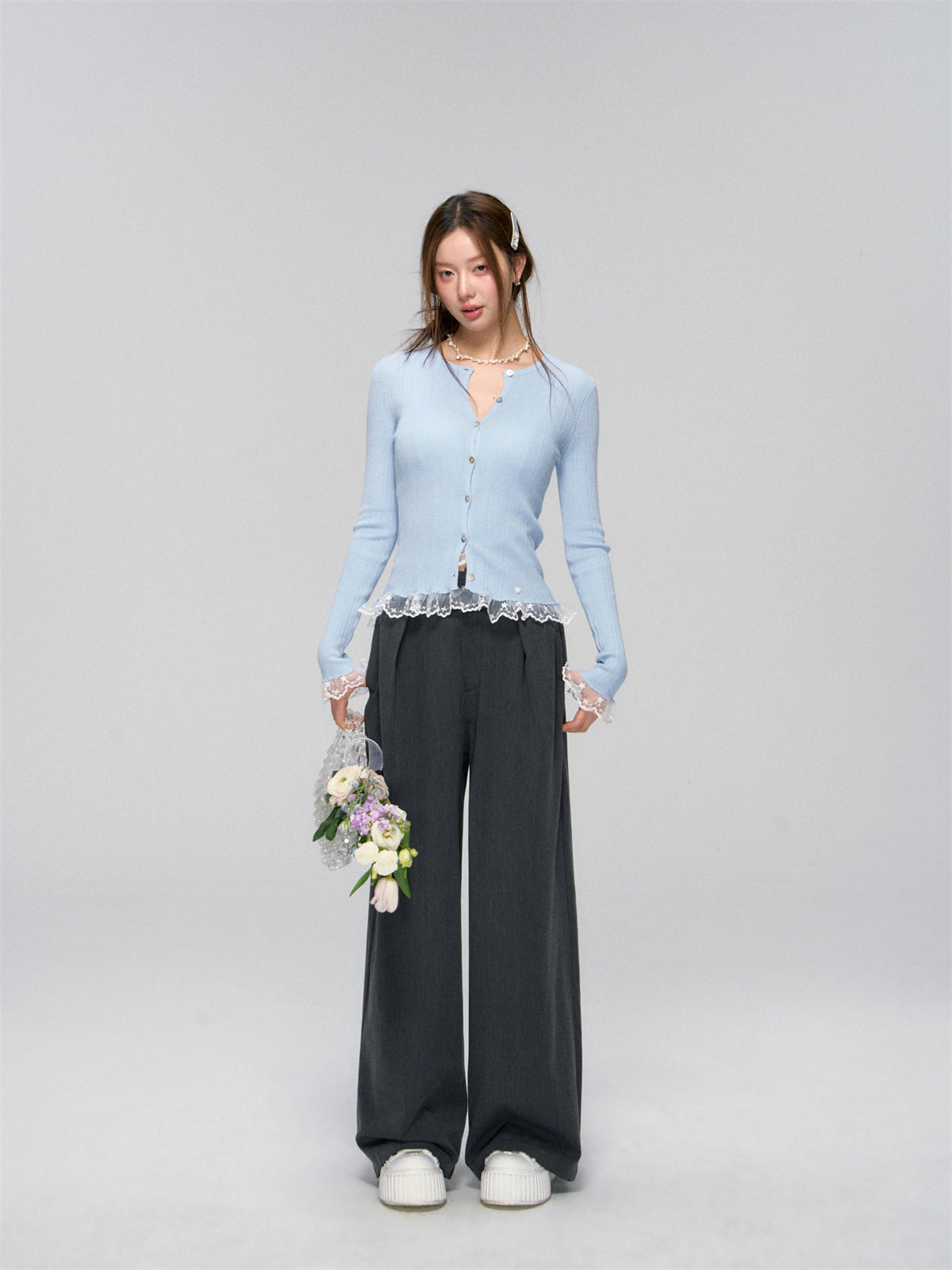 AsGony ASG25039 Lace hem patchwork knit cardigan (2color)