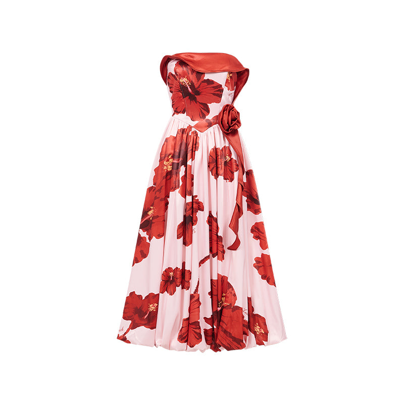 SHEERLUCK SLLYQ26313 Satin printed holiday style floral bud dress