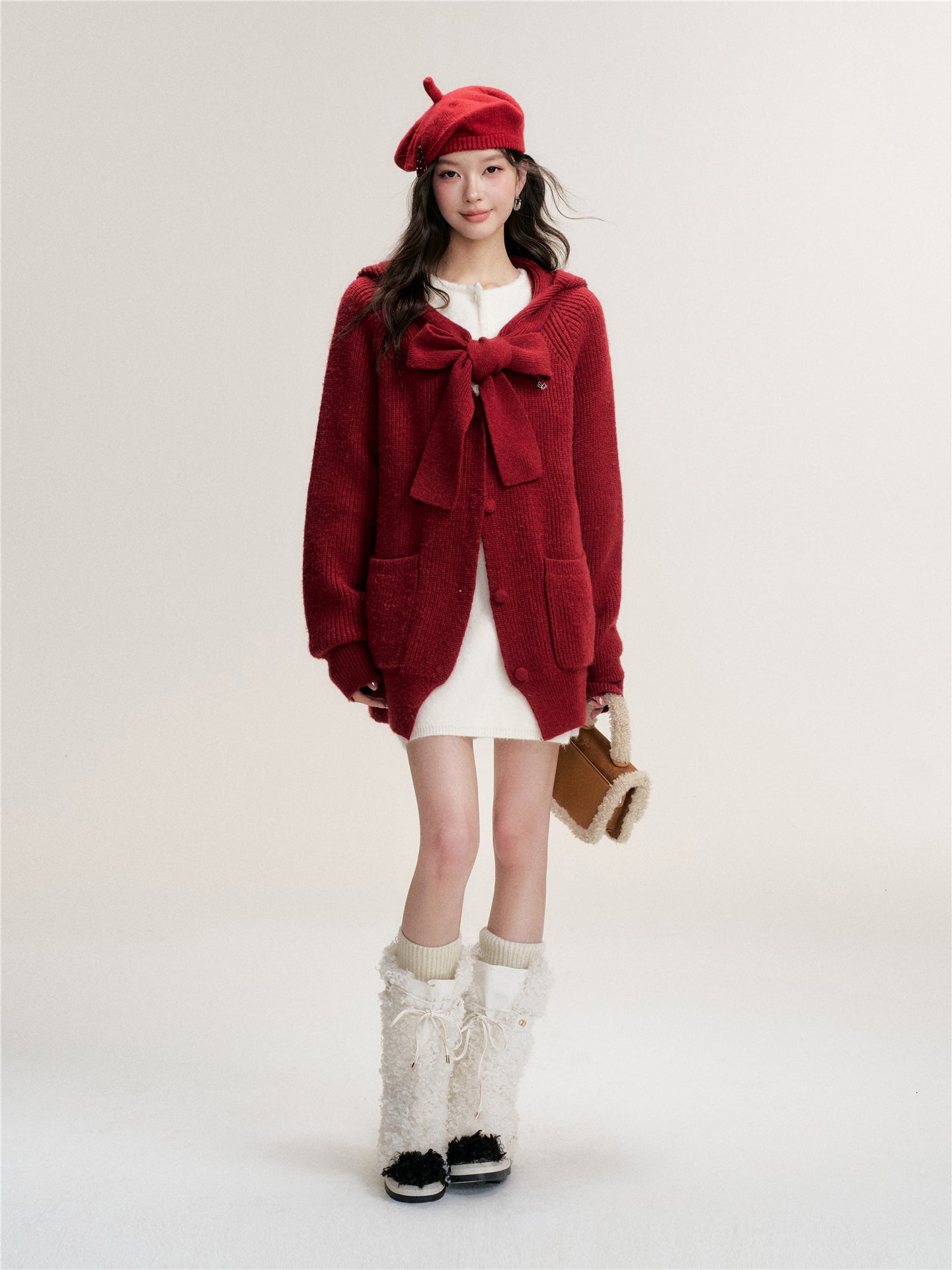 16DEWS 16D25473 Bow tie V-neck loose knit cardigan (with knit cap)