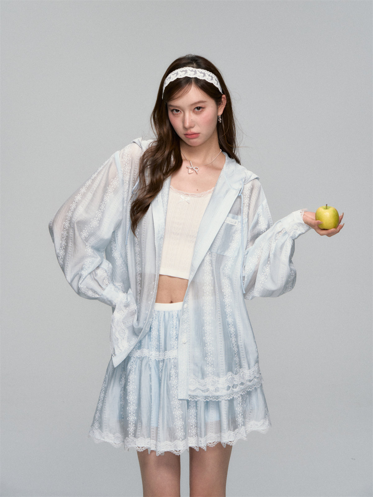 AsGony ASG25118&ASG25119 Floral texture patchwork lace hooded jacket + skirt set (seperate)
