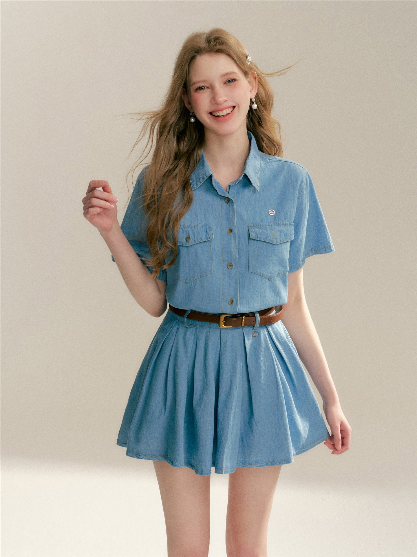 16DEWS 16D24084 Soft denim short sleeved shirt + skirt set