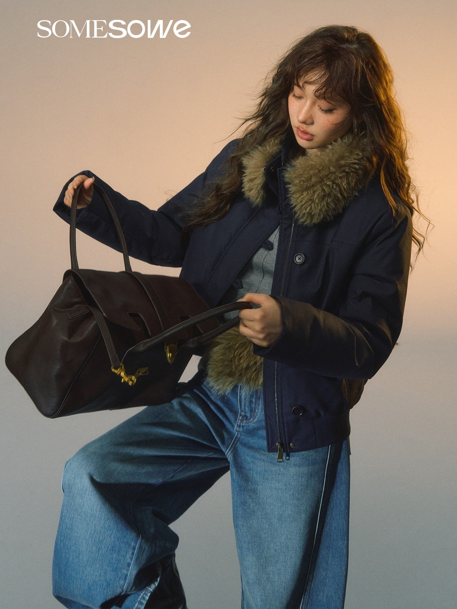 SOMESOWE S2508265 Detachable fur collar slim down jacket