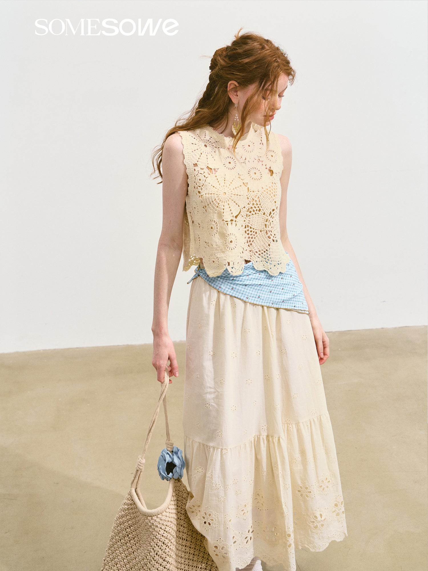 SOMESOWE S2508107&S2508118 Embroidered hollow flower vest + skirt set