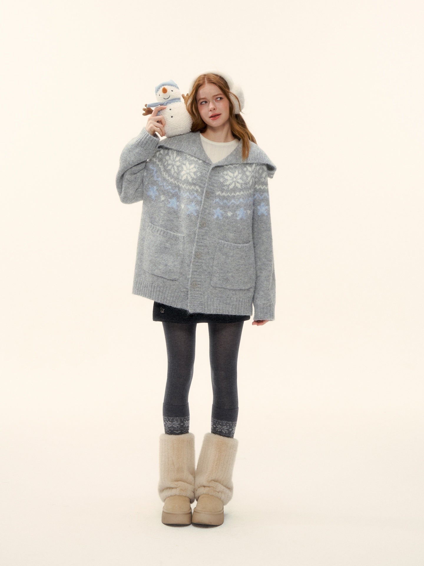 AsGony ASG25621 Wool blend eco-friendly wool collar Fel Island jacquard knitted jacket