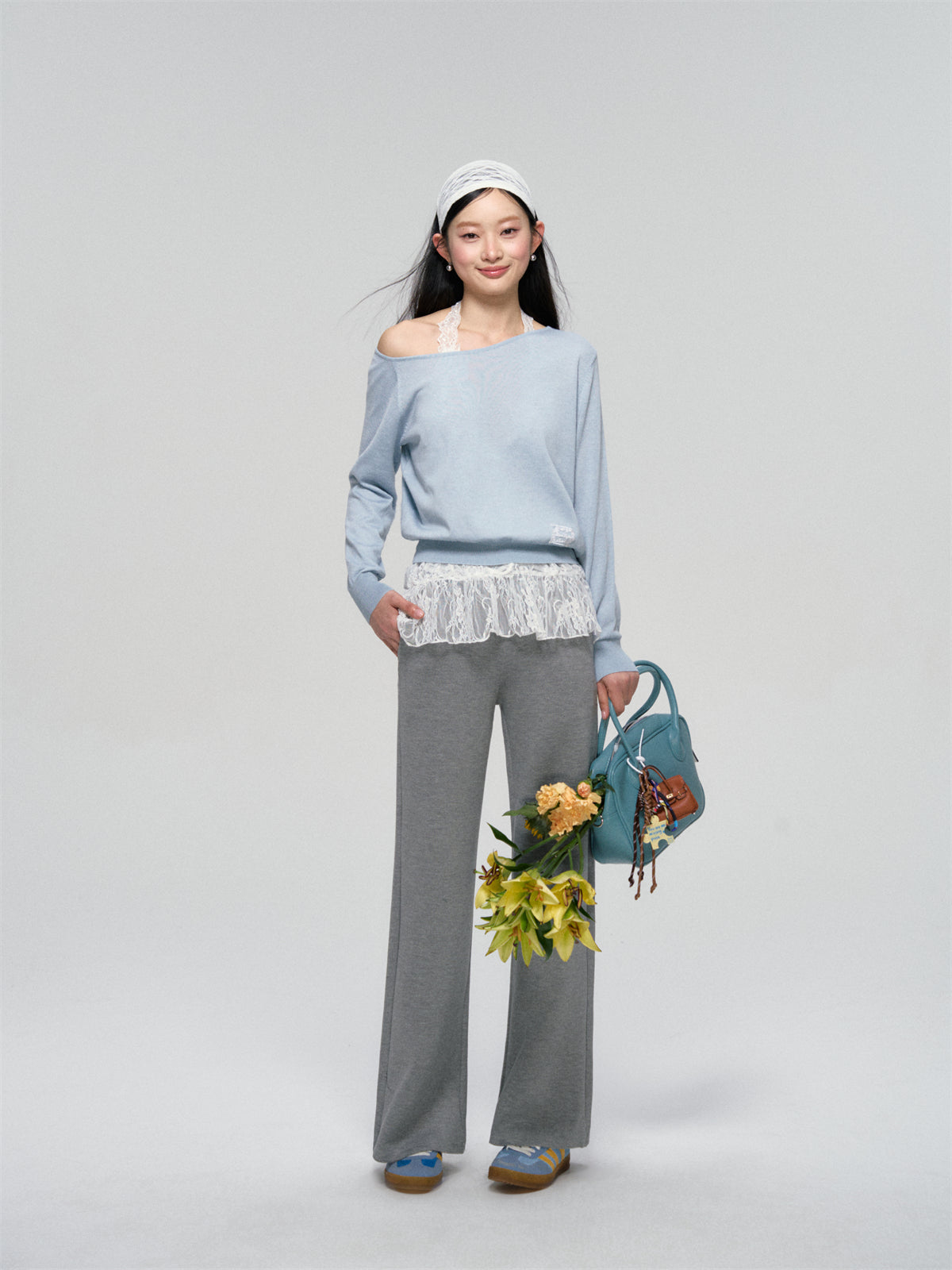 AsGony ASG25082 Lace strap knit two-piece set