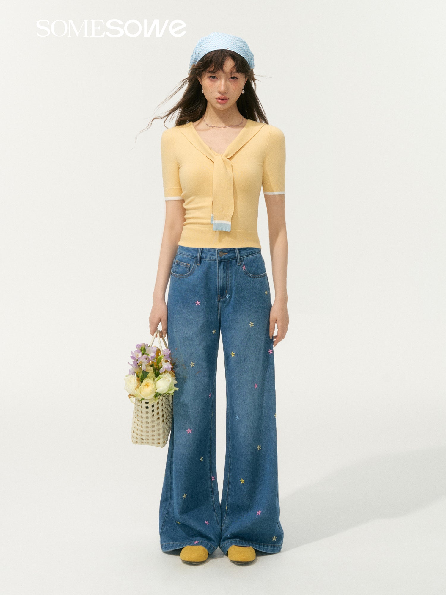 SOMESOWE S2508075 Embroidered flower straight leg jeans