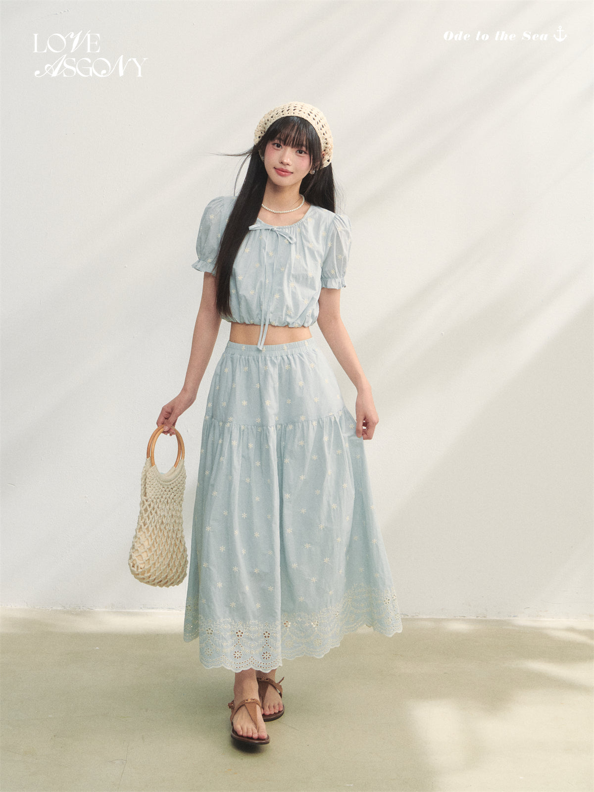 AsGony ASG25193&ASG25194&ASG25195 Flower embroidery lace up bubble sleeve top+vest+skirt
