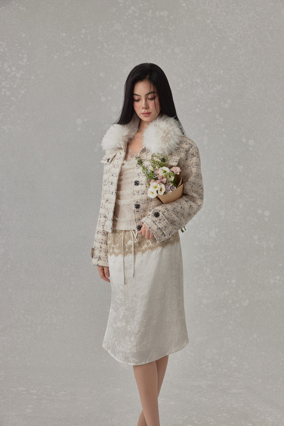 NONCESTNON N239 Chiffon Fur Trimmed Coat