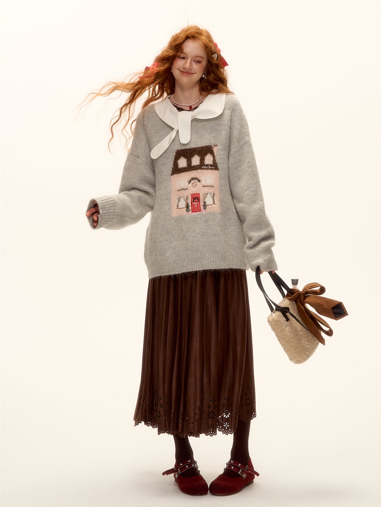 AsGony ASG25472 Jacquard embroidered round neck pullover sweater